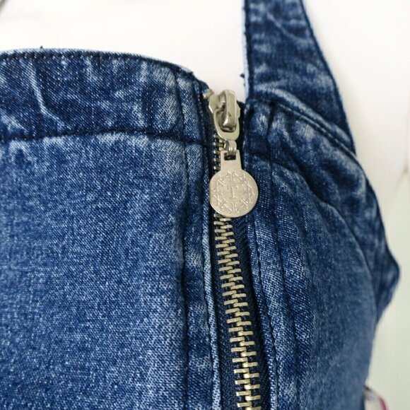 Thalia Sodi Y2K Vintage Halter Sleeveless Denim Jean Mini Dress Floral Womens 16 - Picture 2 of 8